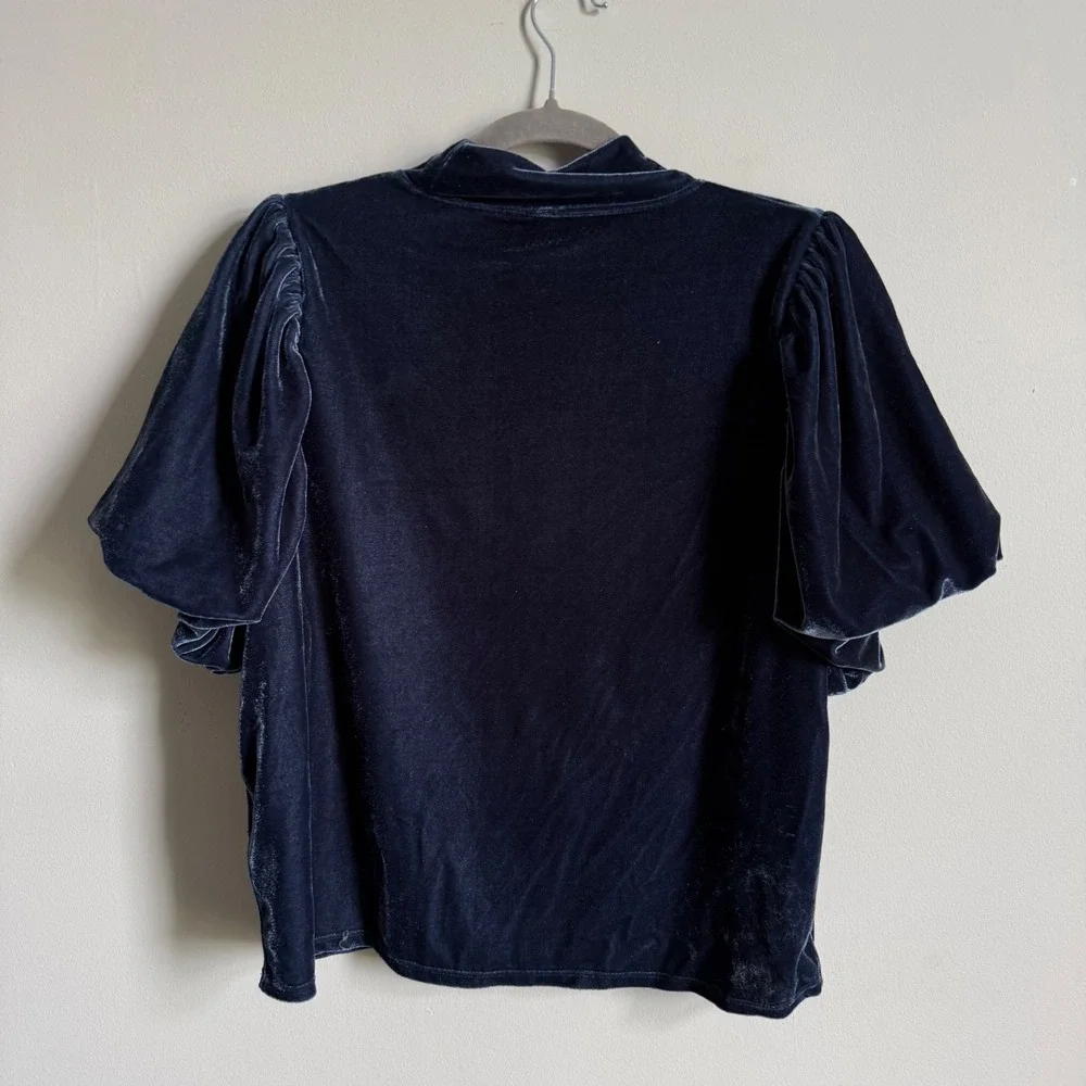 Free People Womens Velvet Mock Neck Puff Sleeve Top Navy Blue OB1224874 Large